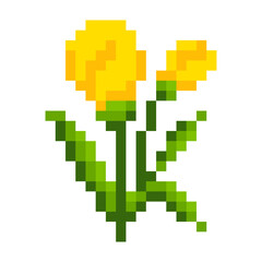Fototapeta premium Yellow And Green Minimalist Pixel Art Flower, Plant And Bloom Icon. Flat Game Sprite.