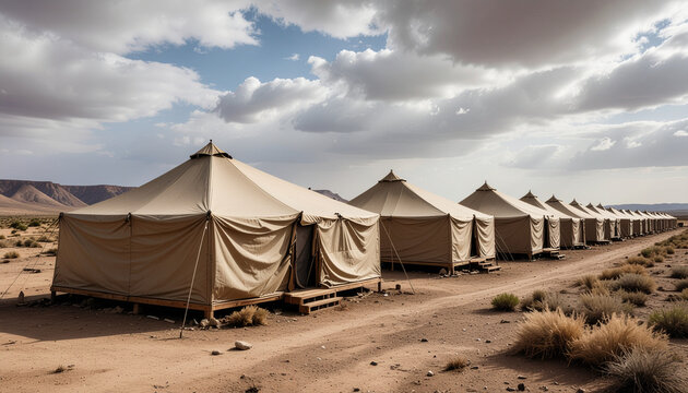 Desert camp with beige tents under cloudy sky daytime landscape