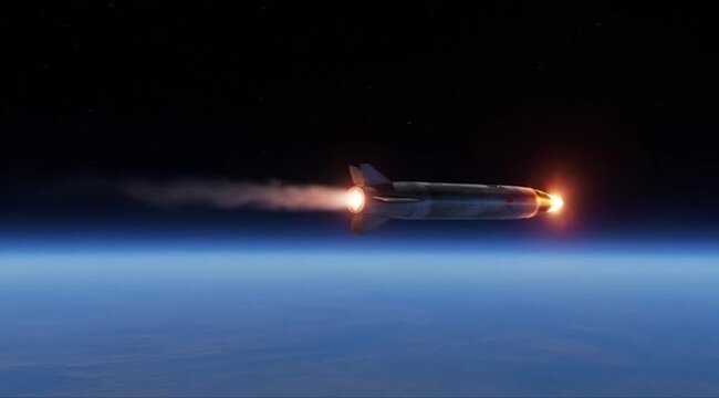 Hypersonic Missile Flying in Space Orbit Over Earth with Glowing Nose Cone