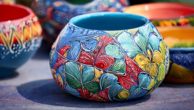 a close up of avant garde ceramics with intricate unconventional glaze patterns