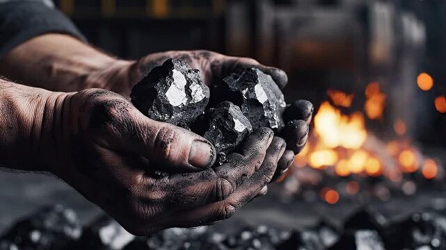 Dirty hands of a worker holding black coal chunks near a fire