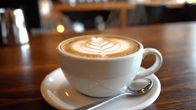 cup of cappuccino. A close-up view of a cup of coffee with intricate latte art in the shape of a leaf