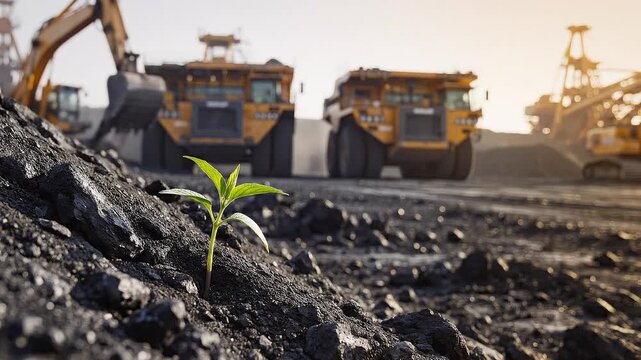 Green sprout growing from coal with mining trucks in background