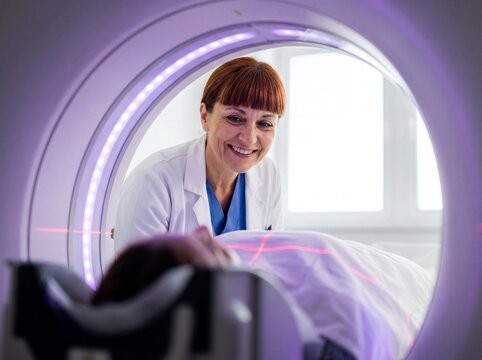 Friendly Female Doctor Reassuring a Patient for a CT Scan in a Modern Medical Clinic