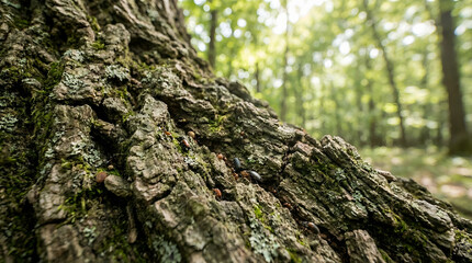 Obraz premium Close-Up of Moss-Covered Tree Trunk in a Serene Forest, Soft Light, Intimate View from Bottom-Left