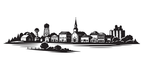 Naklejka premium Midwest Small Town Skyline Silhouette, Silhouette Vector, Isolated on White Background