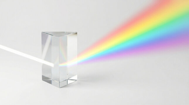 Glass Prism Creating Rainbow Spectrum Light Refraction on White Background, Physics Optics Experiment Concept