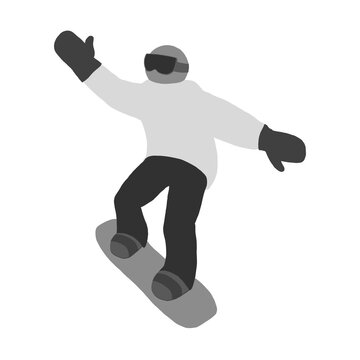 Flat snowboarder jumping, monochrome winter sports character, isolated