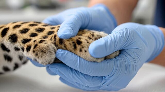 Professional vet in blue gloves holds and examines a leopard's spotted paw during a checkup.