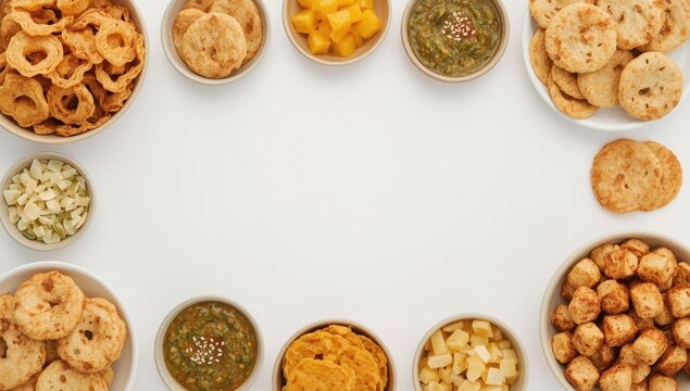 Traditional Gujarati tea-time snacks: fafda and papdi, on a white background, overhead view, ample copy space