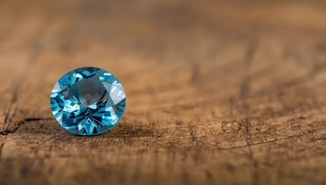 A detailed vertical image of a dark blue topaz on wood