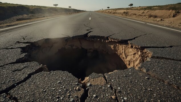 A large crater appeared in the asphalt road