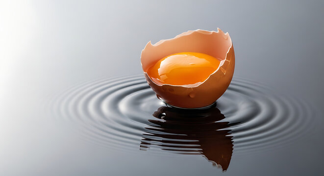  Raw egg yolk in broken shell on reflective surface