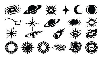 A collection of 24 black and white vector icons representing various celestial bodies, astronomical phenomena, and cosmic elements. © GJ