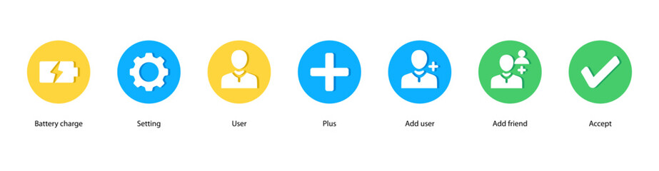 Obraz premium User Management web banner vector illustration featuring Battery Charge, Setting, User, Plus, Add User, Add Friend, and Accept for profiles and connections.