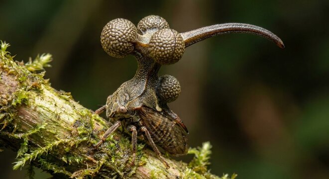 Membracid treehopper showing elaborate pronotum helmet macro insect