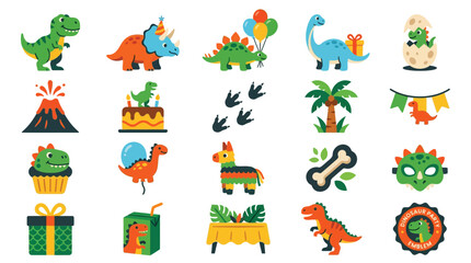 A vibrant collection of cartoon dinosaur-themed party elements, including dinosaurs, a volcano, cake, balloons, and decorations, perfect for a child's birthday celebration. © GJ