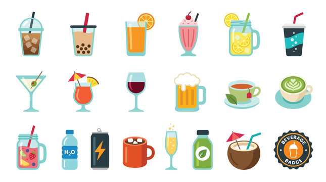 A vibrant collection of diverse beverages, showcasing a wide array of drinks from refreshing juices and cocktails to hot beverages and energy drinks, presented in a clean, flat icon style.
