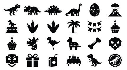 Collection of black silhouette icons representing dinosaurs, party elements, and prehistoric themes for graphic design.