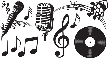 Music symbols and objects in black and white illustration