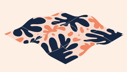 Abstract pattern features organic dark blue and orange shapes reminiscent of leaves on a light beige background in a wavy composition.