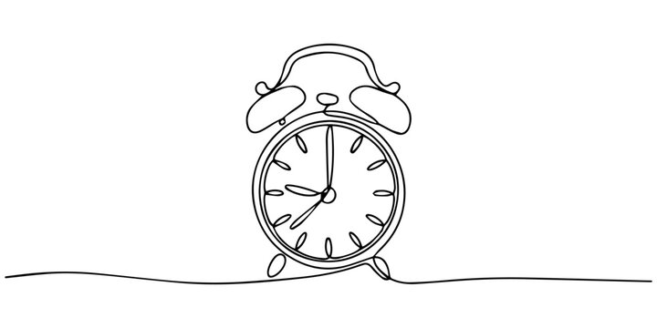 alarm clock continuous one line drawing, Continuous one line drawing of vintage alarm clock vector design, Clock drawn symbol. One line art continuous icon, Hand drawn vector illustration.
