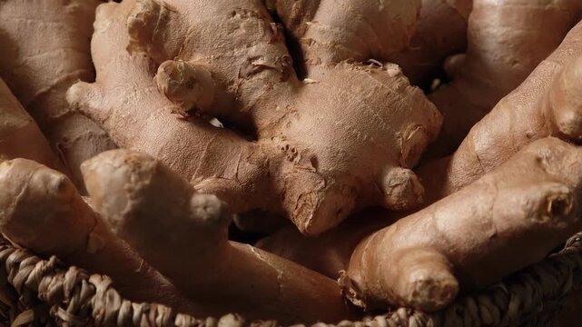  Fresh ginger in a wooden plate.