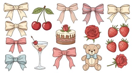Set of hand drawn coquette elements for Valentines day, wedding invitation, birthday card. Cute girly bows, ribbons, cherry, cake, toy bear, cocktail, rose, strawberry. Vintage vector illustration