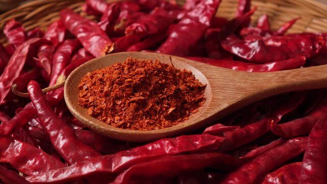 Dried chili powder in a wooden spoon.