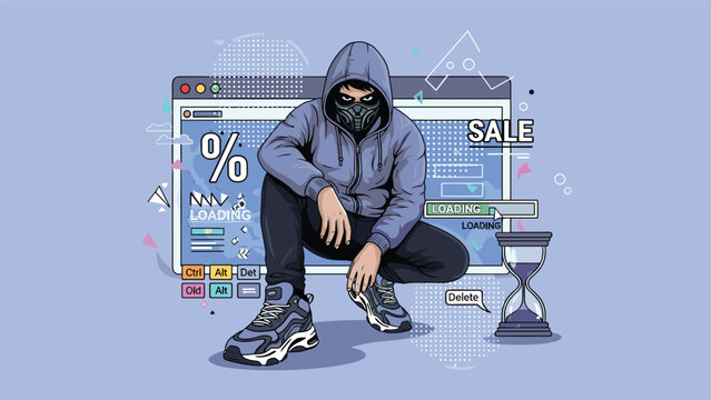 Cyber criminal or hacker wearing a hoodie and mask crouching in front of a website interface with sale and loading icons.