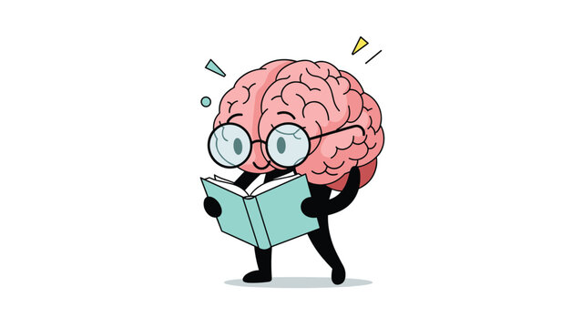 Fun cartoon illustration of a human brain character with glasses and legs reading a book to represent intelligence and learning.