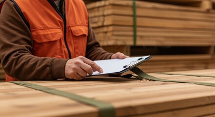 Worker inspecting wooden planks on clipboard in lumber warehouse with vest