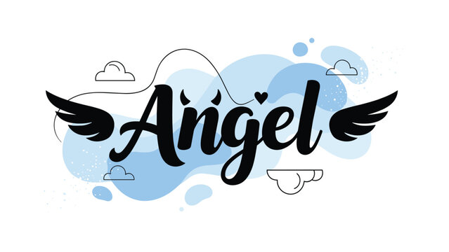 Stylized word angel with aesthetic wings and devil horns is displayed against a background of soft blue clouds and shapes.
