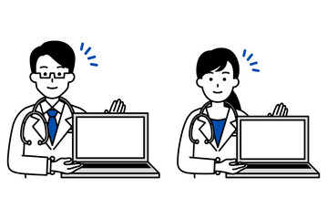 ノートパソコンの画面を見せる医師の男女　セット