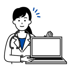 ノートパソコンの画面を見せる医師の女性