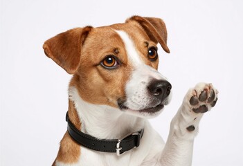 A cheerful dog with brown and white fur waves its paw, wearing a black collar against a clean white backdrop.