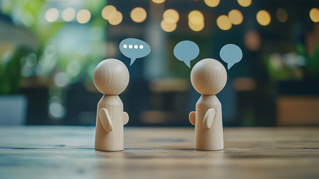 Two wooden figures appearing to converse with speech bubbles above them.