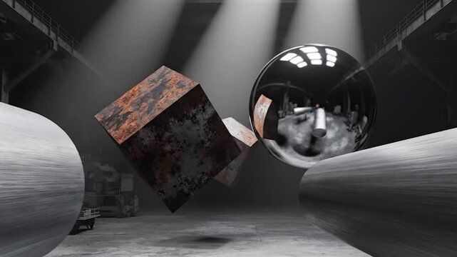 Abstract 3D llic shapes float in a dark industrial setting with bright