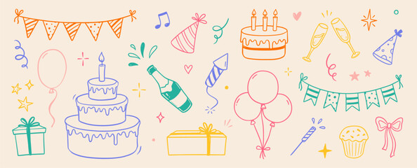 Birthday doodle color icon element. Hand drawn sketch doodle birthday cake, party gift, event hat cute decoration element. Party, carnival celebration concept background. Vector illustration
