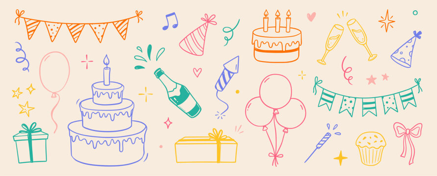 Birthday doodle color icon element. Hand drawn sketch doodle birthday cake, party gift, event hat cute decoration element. Party, carnival celebration concept background. Vector illustration