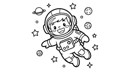 Cute cartoon astronaut floating in outer space with planets and stars. © BerkahStock