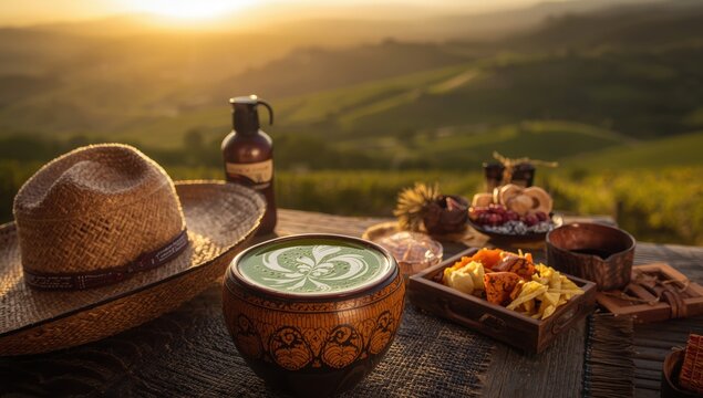 Chimarr&atilde;o, the traditional yerba mate from Rio Grande do Sul, features a typical drink and Serra Gaucha scenery in focus
