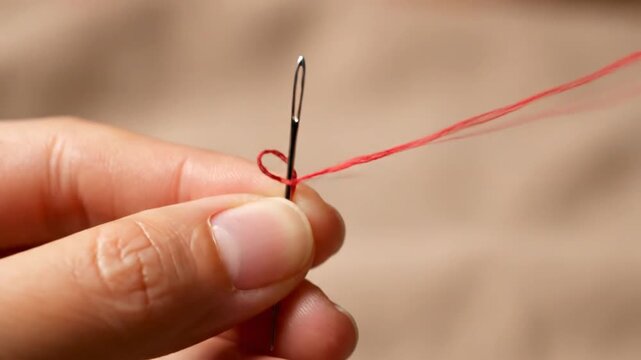 Hands Threading Needle with Red Thread.