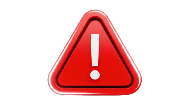 Red warning triangle sign with exclamation mark on transparent background