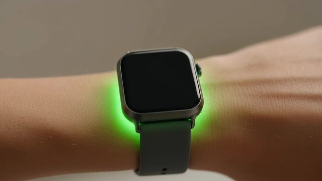 Smartwatch wearable technology wrist green light health fitness monitoring modern digital closeup unisex lifestyle device screen hand pulse sensor
