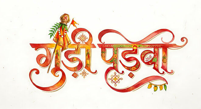 Gudi padwa hindi calligraphy watercolor festival typography with gudi flag and traditional background.