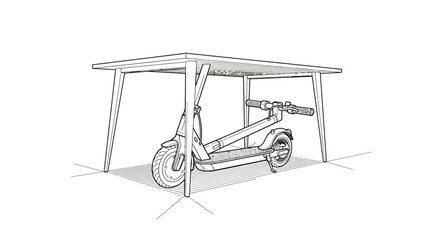 Electric Scooter Parked Underneath a Wooden Table with a Hanging Strap.