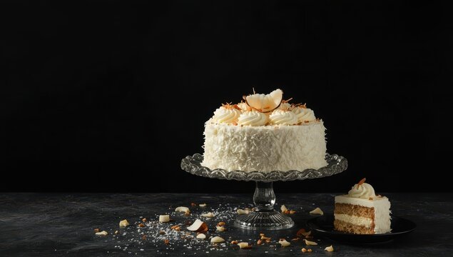Coconut cake variations on a stand, dark backdrop, blank area for text