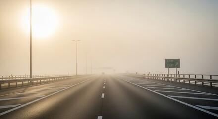 Obraz premium Foggy highway exit with low visibility and bright sunlight illuminating scene. Gray fog envelops empty road with markings and signs visible in distance.