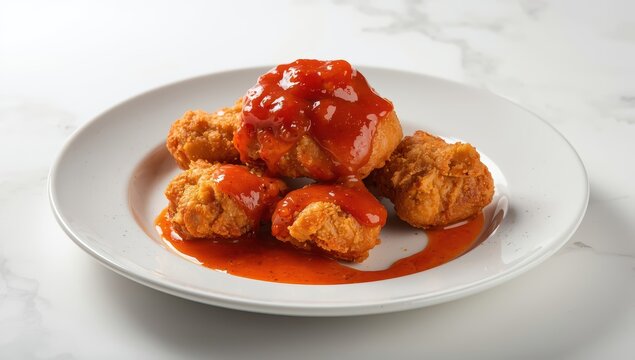 Crispy Fried chicken in a white plate with tomato sauce on white background table